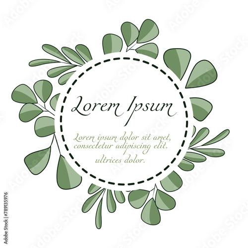 Card or invitation template with round frame and leaves on a white background.