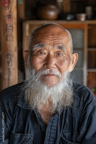 Old man with long white beard and mustache in traditional japanese clothes