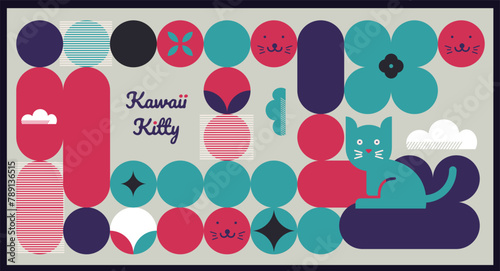 Kawaii Cats vector illustration  Smiling Kitty, cute and round-faced cat