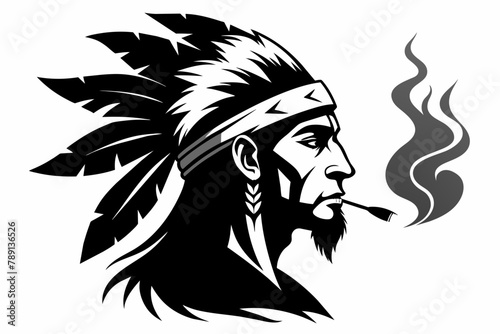 Vector, Native American smoking silhouette, laser cut, white background 