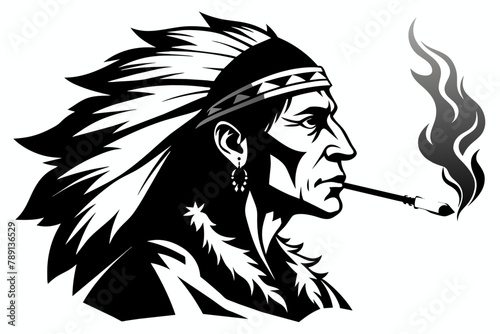 Vector, Native American smoking silhouette, laser cut, white background 