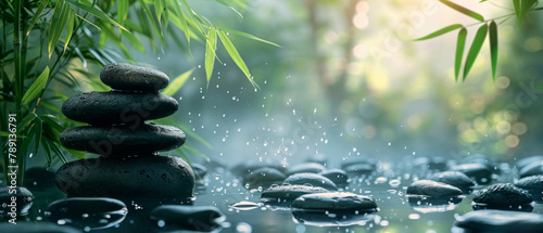 Elegant and tranquil illustration of bamboo and stones perfect for a website header in a wellness spa setting, bringing a sense of calm and relaxation to viewers.