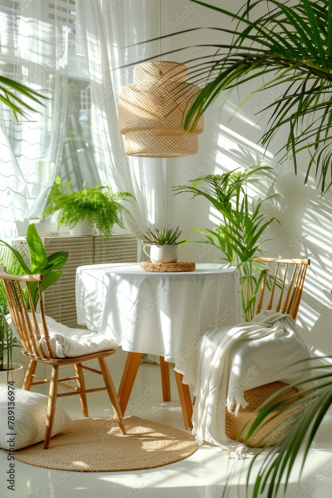 Fototapeta premium Minimalistic scandinavian dining room white walls, wooden furniture, and greenery