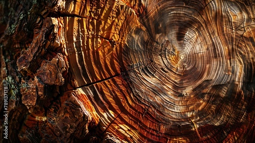 Closeup of a redwood tree trunk and bark revealing its intricate rings and rich wood grain A testament to the trees age and resilience : Generative AI