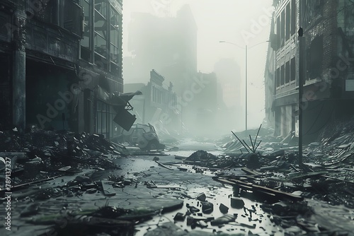 : A deserted, post-apocalyptic city, with debris and rubble scattered everywhere photo