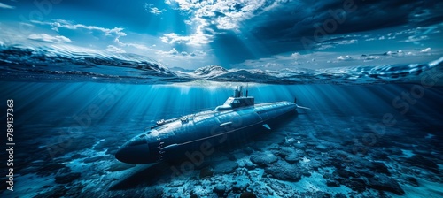 Military nuclear submarine launching torpedo missile in vast expanse of open ocean photo