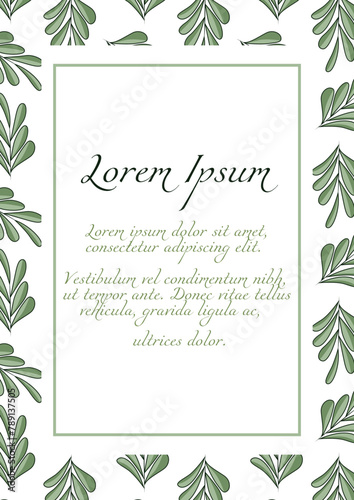 A4 invitation card template with green leaves on the background.