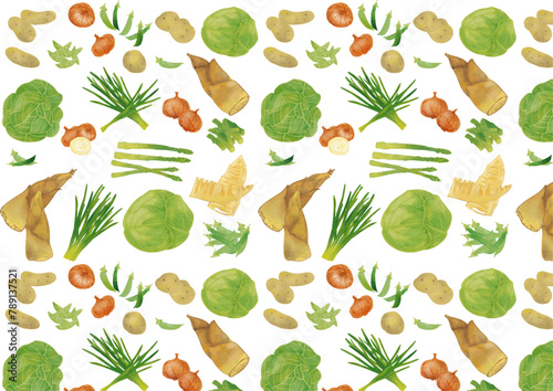 水彩風　春野菜パターン Fresh Vegetable Series:Watercolor Spring Vegetable Pattern
