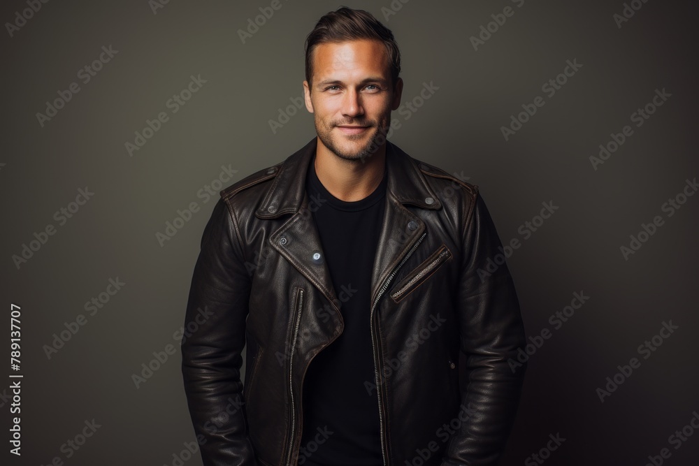 Portrait of a satisfied man in his 30s sporting a classic leather jacket isolated in light wood minimalistic setup Portrait of a satisfied man in his 30s sporting a classic leather jacket isolated in light wood minimalistic setup