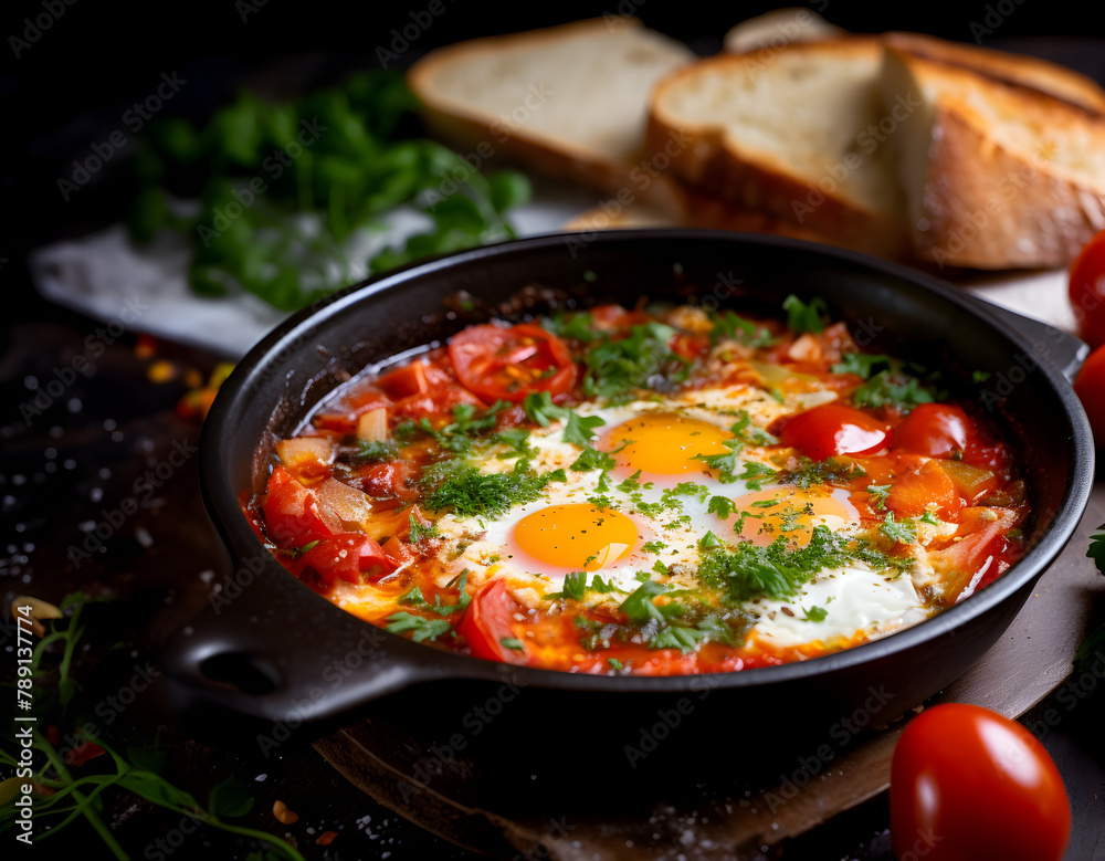 Close up of shakshuka eggs breakfast dish with fresh tomatoes and herbs in a pan on kitchen table	