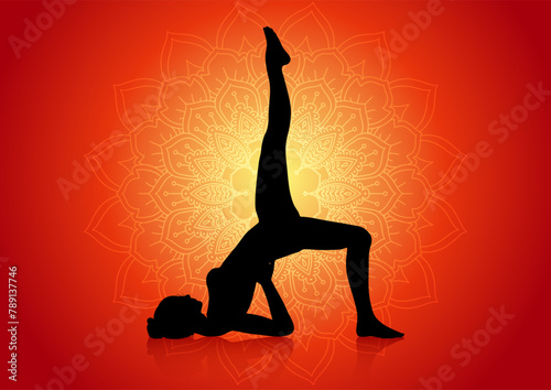 silhouette of female in yoga pose on mandala design background 