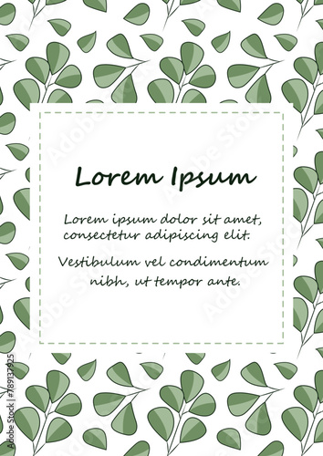 Invitation card template in a square frame with green leaves on the background.