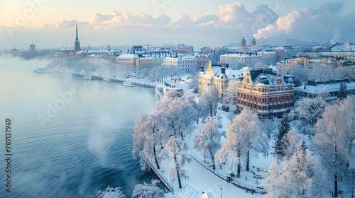 Aerial view of Helsinki during winter, snow-covered cityscape photo