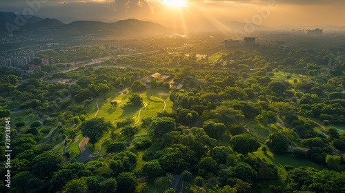 Aerial view of Islamabad, green spaces and urban development, morning glow