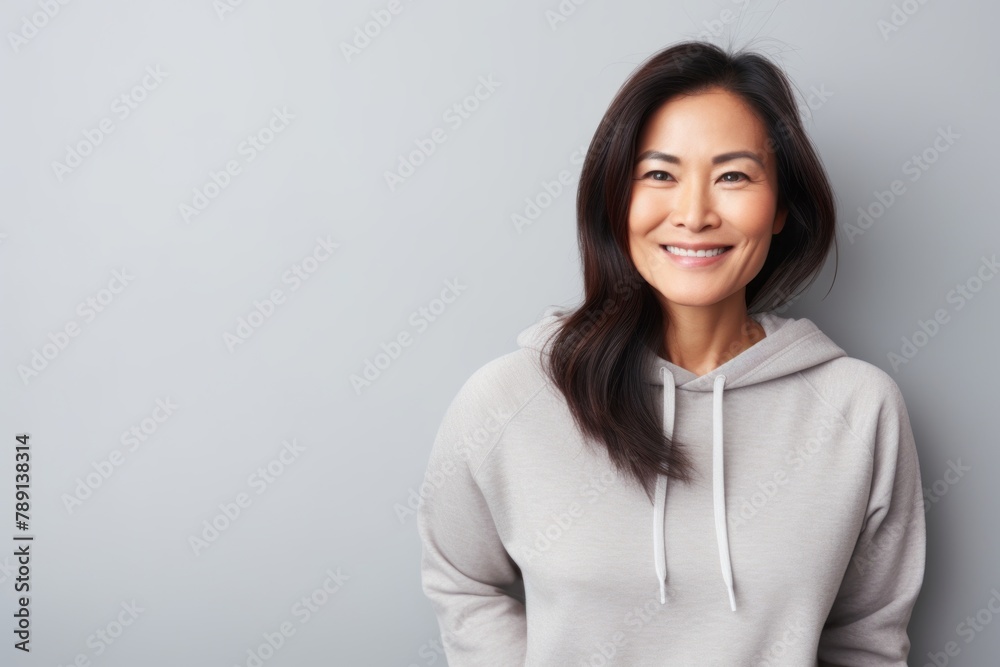 Portrait of a glad asian woman in her 40s wearing a thermal fleece pullover while standing against light wood minimalistic setup Portrait of a glad asian woman in her 40s wearing a thermal fleece pullover while standing against light wood minimalistic setup