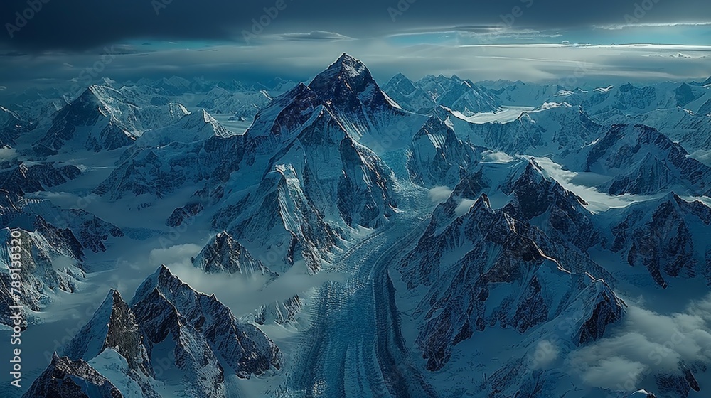 Aerial view of K2 and surrounding glaciers, challenging peaks and ice valleys