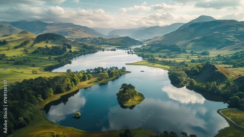 Aerial view of Lake District, mirrored lakes and picturesque fells