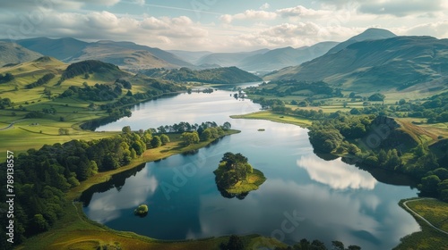 Aerial view of Lake District, mirrored lakes and picturesque fells photo