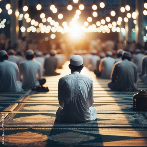 A man is praying and praying in the mosque yard while performing the Eid al-Adha prayer