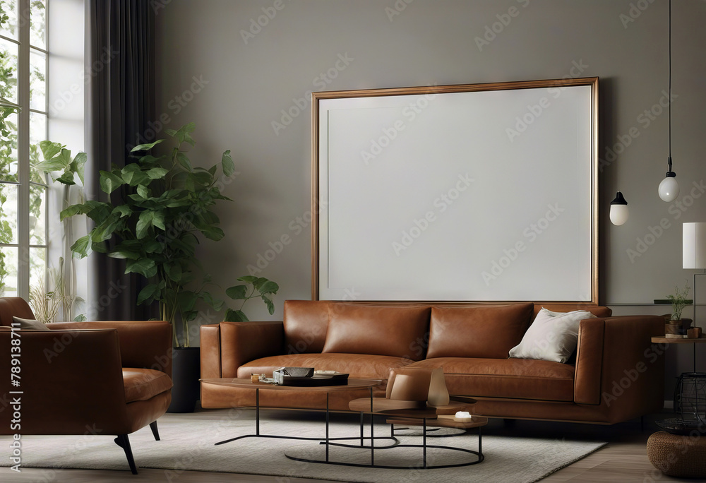 interior background render room 3d living mockup Home sofa Frame leather wooden table vase dried flowers pillow cushion half face wall apartment beige white