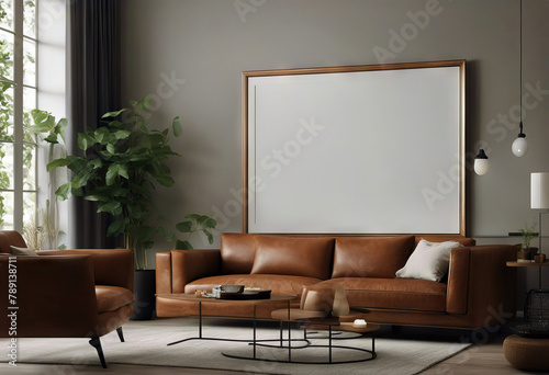 interior background render room 3d living mockup Home sofa Frame leather wooden table vase dried flowers pillow cushion half face wall apartment beige white