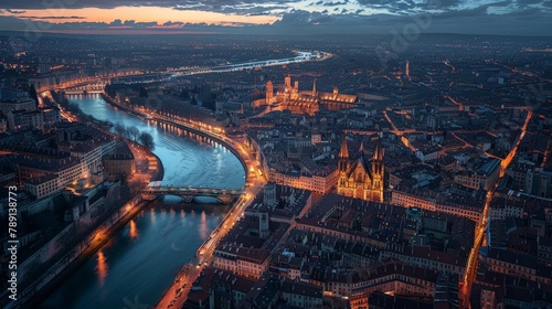 Aerial view of Lyon, intertwining rivers and historical architecture, twilight