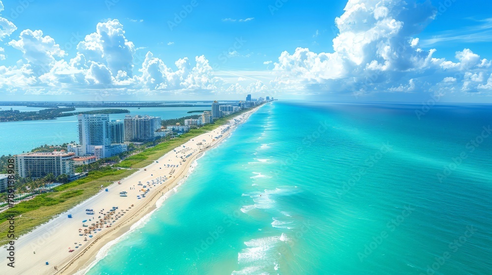 Aerial view of Miami, white beaches and turquoise waters, sunny afternoon