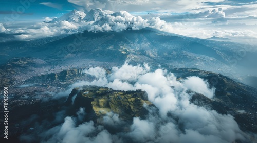 Aerial view of Quito, nestled between volcanic peaks, cloud-covered
