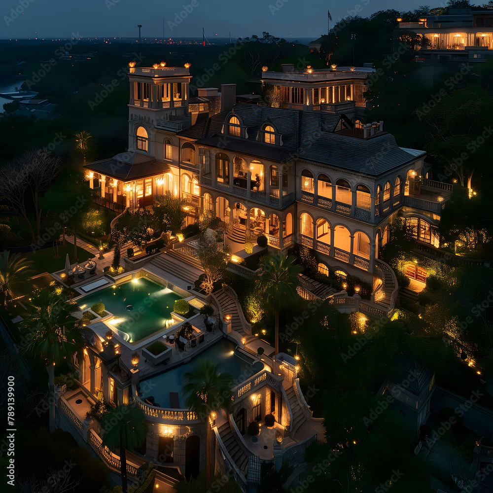 Twilight hour at a townhouse on top of a majestically beautiful hill, where ambient outdoor lighting creates a cozy and inviting aura against the vast night sky