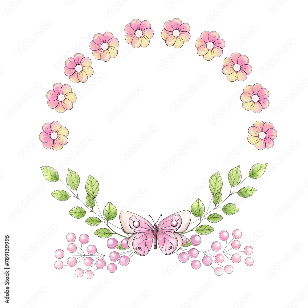 Watercolor springtime pink circle frame. Mother's day flowers. Romantic sakura border. Beautiful flowers for invitation, wedding, printing, textile, greeting card