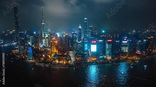 Aerial view of Shanghai, The Bund and modern skyscrapers, night lights