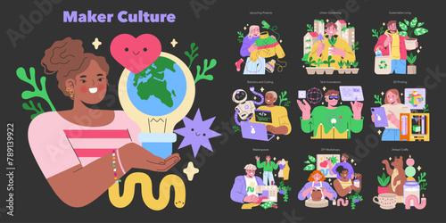 Maker Culture set Diverse individuals unite in creativity, from gardening and upcycling to robotics and 3D printing Community collaboration in innovation Vector illustration