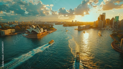Aerial view of Sydney Harbour and Opera House, sunny day photo