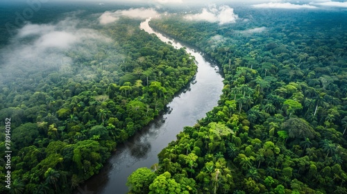 Aerial view of the Amazon Rainforest, lush green canopy, winding rivers © mogamju
