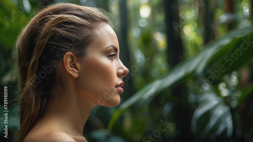 Portrait of beautiful natural beautiful women in tropical rainforest. Concept of wellbeing  mindfulness and connection with nature.