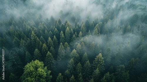 Aerial view of the Black Forest, dense woods and mystical fog © mogamju