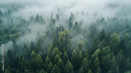 Aerial view of the Black Forest, dense woods and mystical fog photo