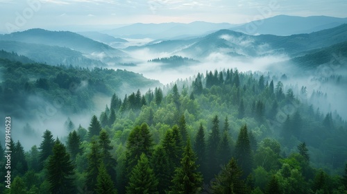 Aerial view of the Carpathian Mountains, forested slopes and misty mornings © mogamju