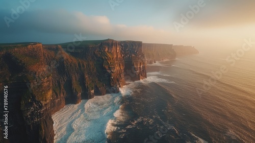 Aerial view of the Cliffs of Moher, rugged cliffs against the Atlantic