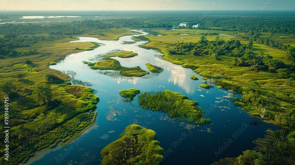 Aerial view of the Florida Everglades, wetlands teeming with wildlife