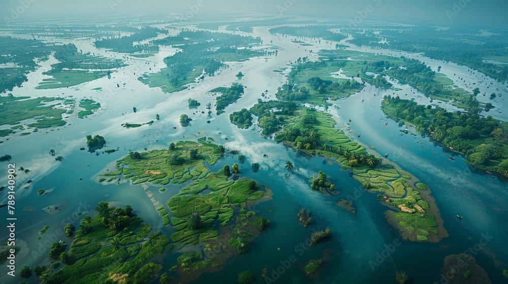 Aerial view of the Ganges River Delta, intricate waterways and lush islands
