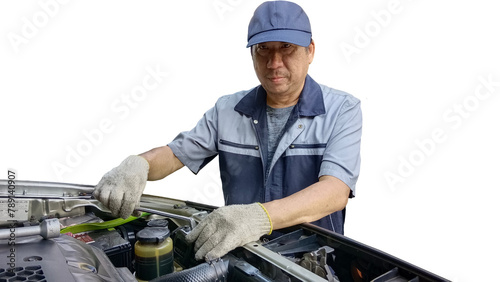 A professional car mechanic in service is inspecting a car in a service center.