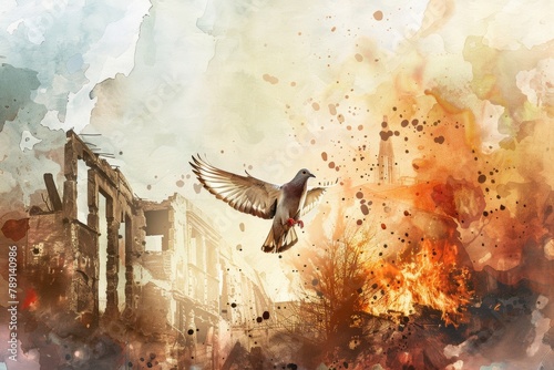A watercolor painting captures a dove in flight above crumbling buildings, symbolizing hope and peace amidst destruction.