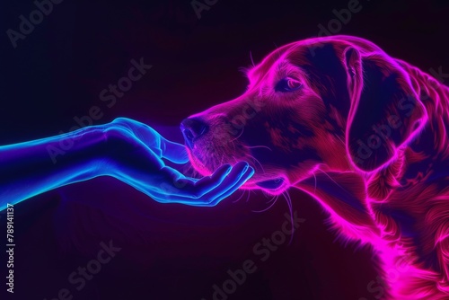 This image captures a vibrant, neon-lit bond between a person and their dog, perfect for illustrating themes of love and technology.
