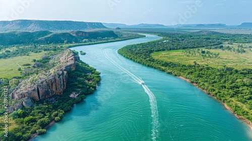 Aerial view of the Kimberley, red cliffs and tidal waterfalls photo