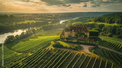 Aerial view of the Loire Valley, sprawling vineyards and historic chateaux photo