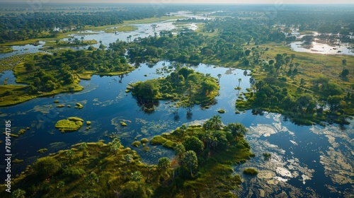 Aerial view of the Okavango Delta at flood season  expansive wetlands and diverse fauna