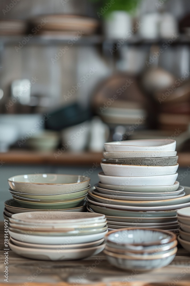 Stacks of various ceramic plates and bowls on a wooden shelf in a kitchen. Stacks of various ceramic plates and bowls on a wooden shelf in a kitchen.
