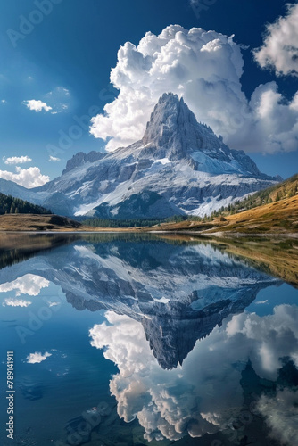 Mountain with blue sky, clouds and reflection for background