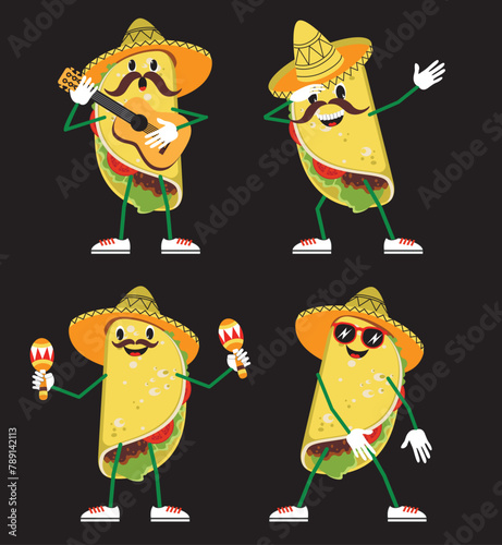Funny cartoon mexican tacos in sombrero dancing dab and playing on guitar. Vector illustration.